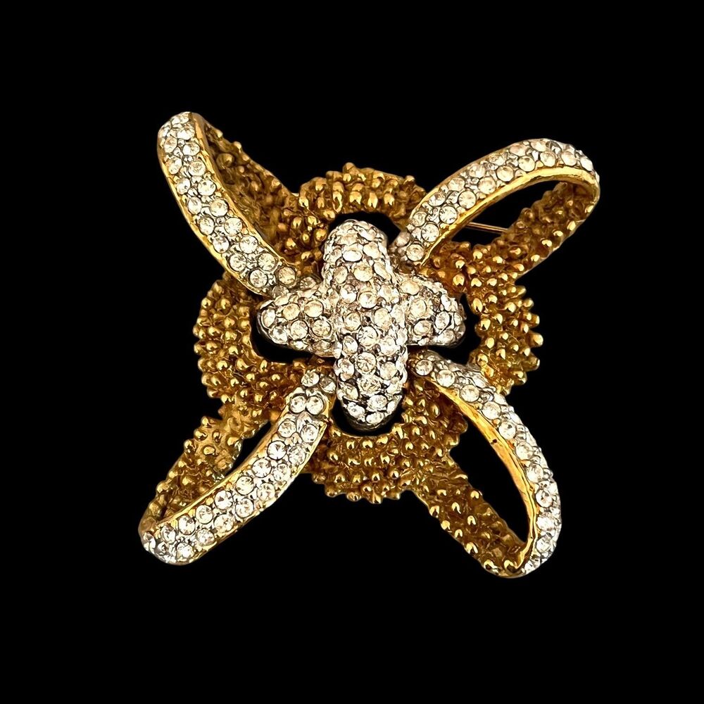 Vintage 1960s Rhinestone Bow Brooch Gold Tone Statement Knot - 10S
